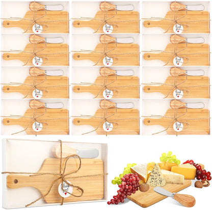 Tioncy 12 Sets Bridal Baby Shower Cheese Prizes Christmas Kitchen Gifts Mini Charcuterie Board Set with Knife Wooden Board Thank You Box for Christmas Wedding Party Guests Game Gifts(Bamboo)