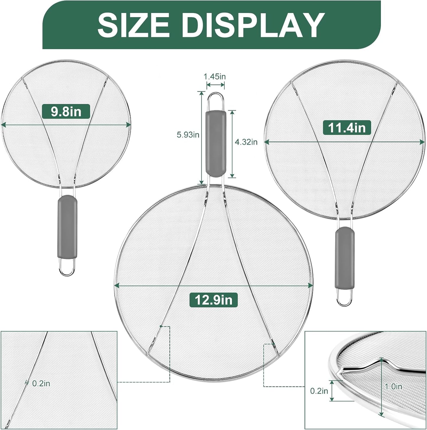 Stainless Steel Splatter Screen for Frying Pan - 9.8" 11.4" 13" Ultra Fine Mesh Grease Splatter Guard, Hot Oil Splatter Guard Shield Grease for Cooking, Kitchen Splash Guard to Prevent Oil Splatter