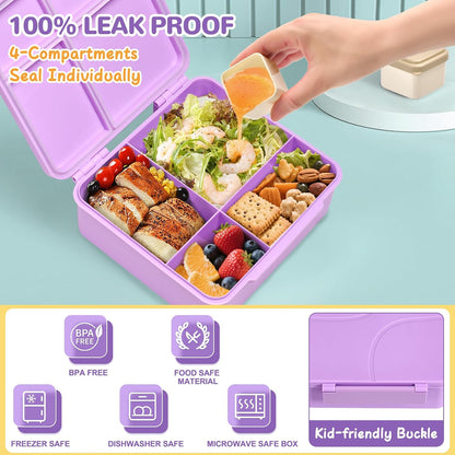 MAXSO Bento Lunch Box Set with 8 oz Soup Thermo, Kids Leakproof 4 Compartments Hot Food Container with Sauce Cup, Ice Pack and Lunch Bag, Child Insulated Food Jar for School - Black