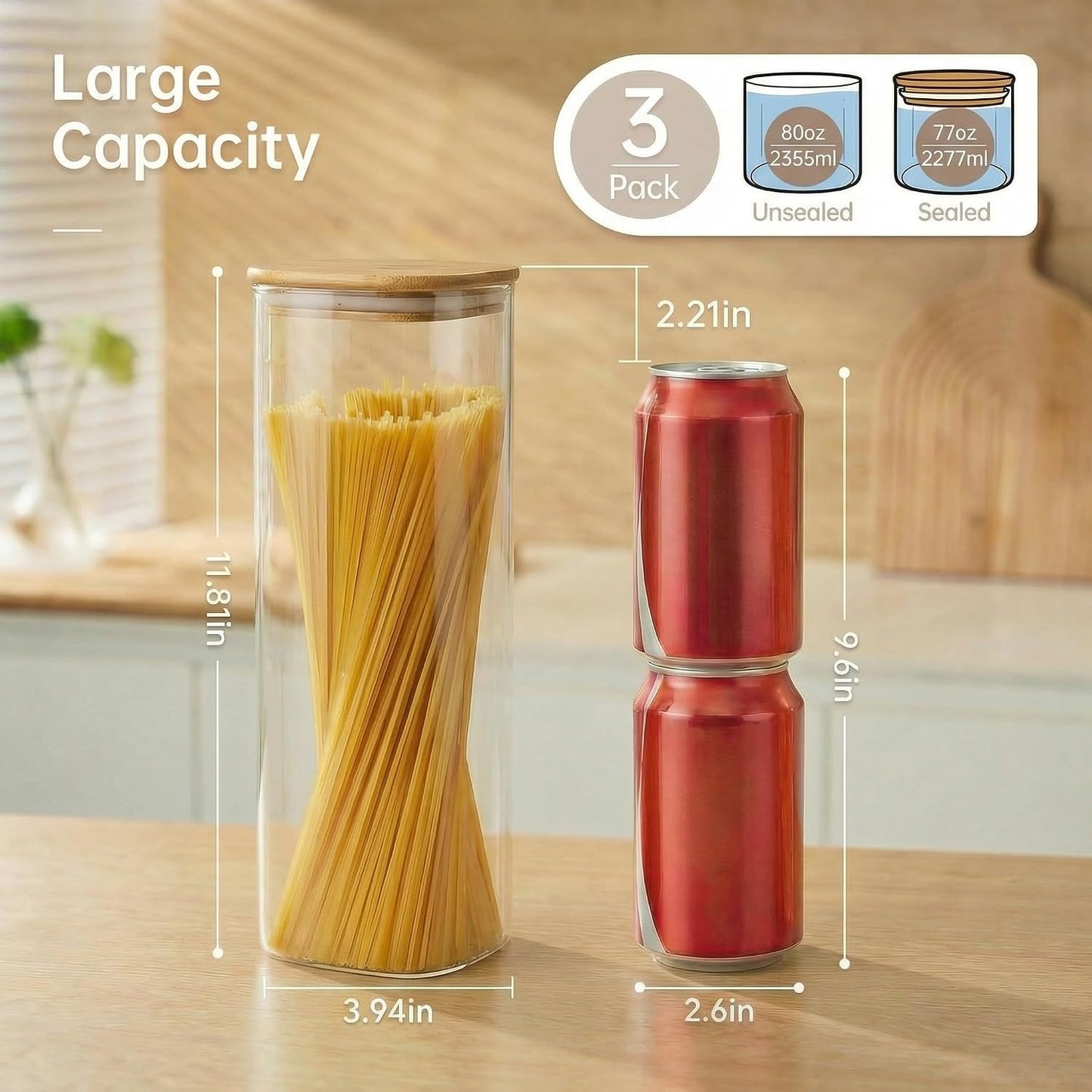 Extra Large Square Glass Flour & Sugar Storage Containers with Airtight Lids, 168oz 2 Pack Glass Jars with Bamboo Lids, Air tight Pantry Food Storage Containers for Cereal, Pasta, Rice Organizers
