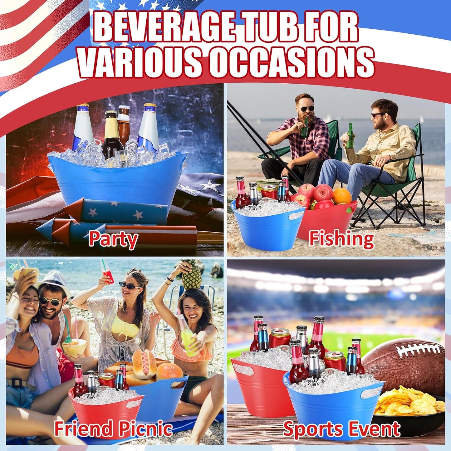 Norme 24 Pcs Oval Storage Tub with Handles, 4.5l Plastic Ice Buckets Bulk for Wine Beer Champagne Drink Cooler Beverage Storage Tub for Parties BBQ Weddings Party Outdoor Celebration(Blue & Red)