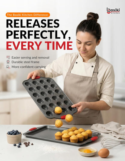 Boxiki Kitchen Non-Stick 12 Cup Silicone Muffin Pan with Steel Frame - BPA Free, Non-Toxic, Anti-Warp, Durable & Easy to Pop Silicone Muffin Tin - Perfect Cupcake Pan
