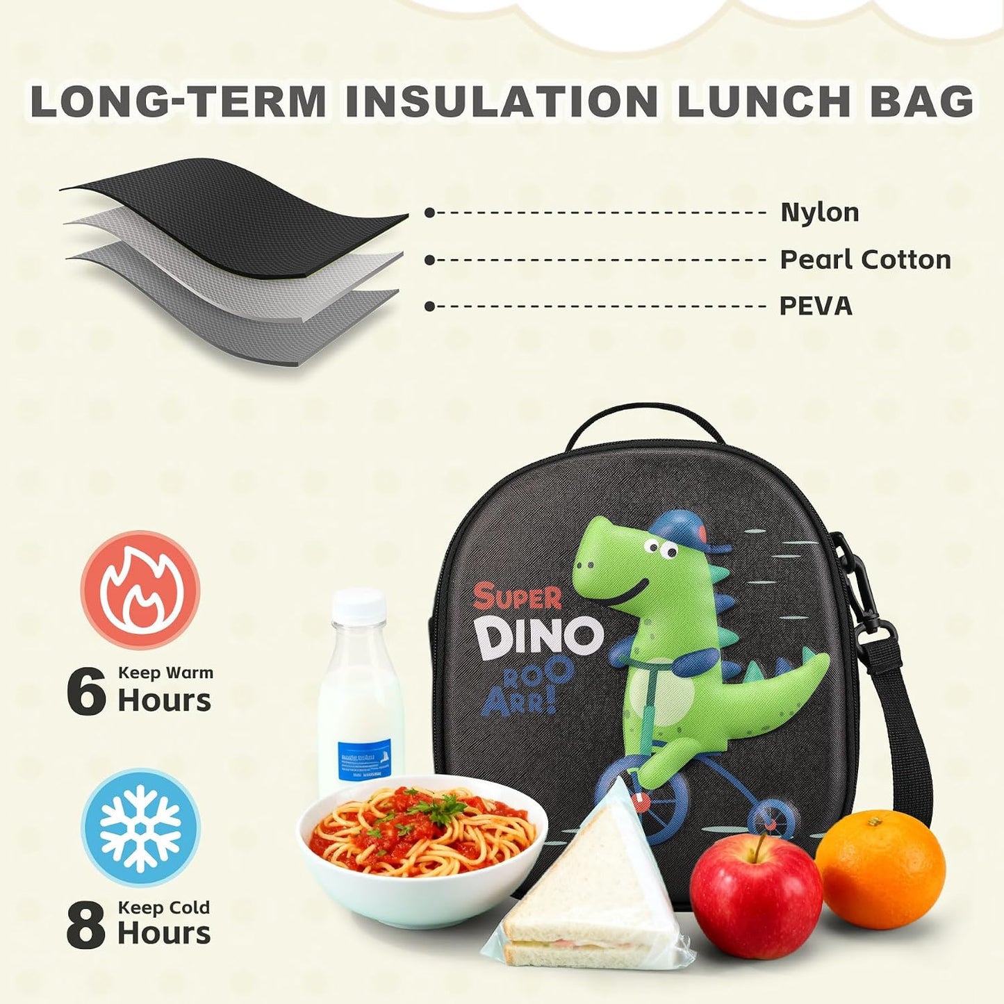 Kids Lunch Box for Kids Insulated Reusable Lunch Bag Tote Durable Children Leak-proof Lunchbox with Adjustable Shoulder Strap for School Daycare Travel Picnic (Navy - 3D Dinosaur)