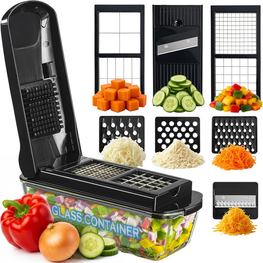 Le'raze 13-in-1 Vegetable Chopper Pro with Glass Container, Stainless Steel Blades, BPA-Free, Mandoline Slicer, Manual
