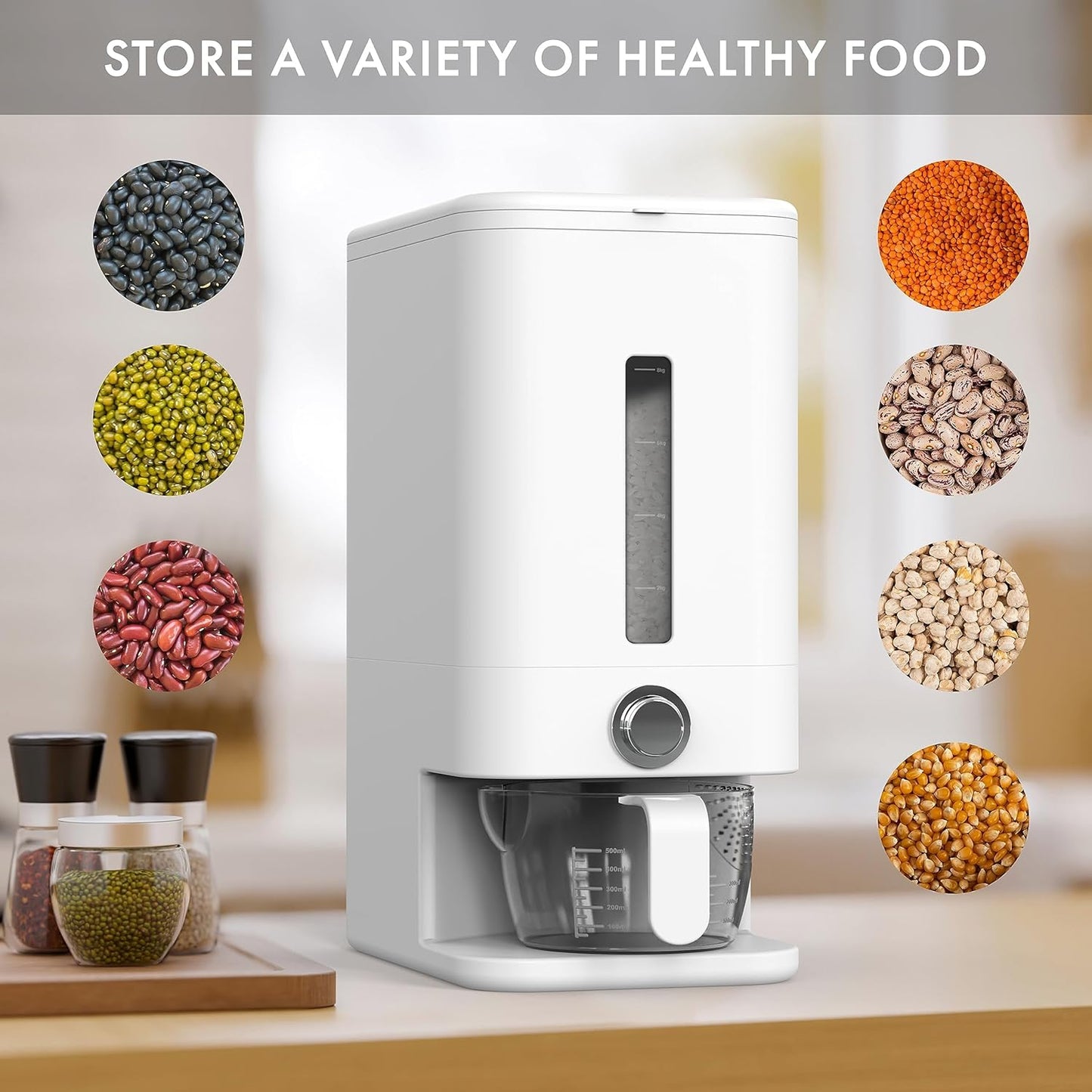 Rice Dispenser - 26.5 lbs Rice Storage Container with Measuring Cup, Rice Scoop & Sponge – Large Cereal Grain Bucket with Scale for Kitchen Pantry Organization, BPA-free, Airtight (Black)