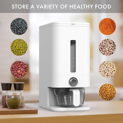 Rice Dispenser - 26.5 lbs Rice Storage Container with Measuring Cup, Rice Scoop & Sponge – Large Cereal Grain Bucket with Scale for Kitchen Pantry Organization, BPA-free, Airtight (Black)