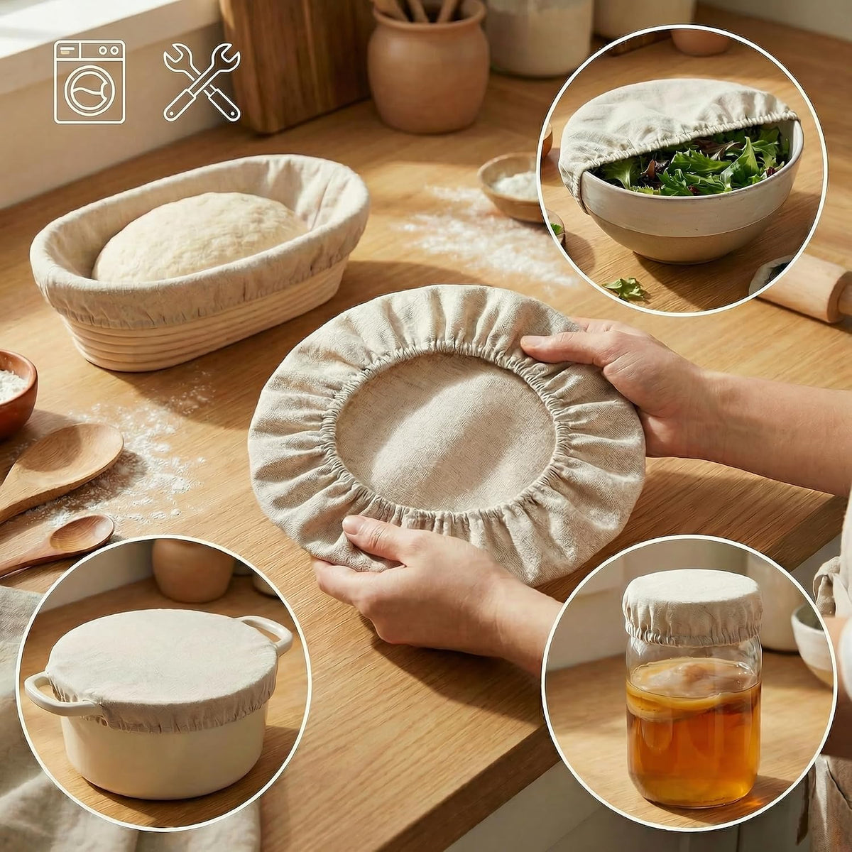 8 PCS Bread Proofing Basket Cloth Liner (3 Round & 3 Oval) & 2 Sourdough Starter Jar Covers, 10 Inch Banneton Basket Cover for Sourdough Baking, Reusable Dough Bowl Liner (Combo)