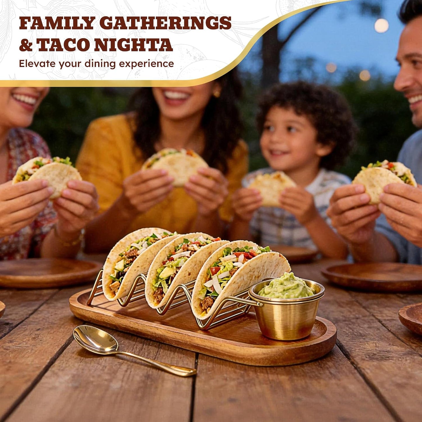 Wood Taco Serving Tray Set with Stainless Steel Taco Holder (Holds 3 Tacos), Sauce Cup & Spoon, Taco Plate for Kitchen, Taco Night, Parties and Family Dinners