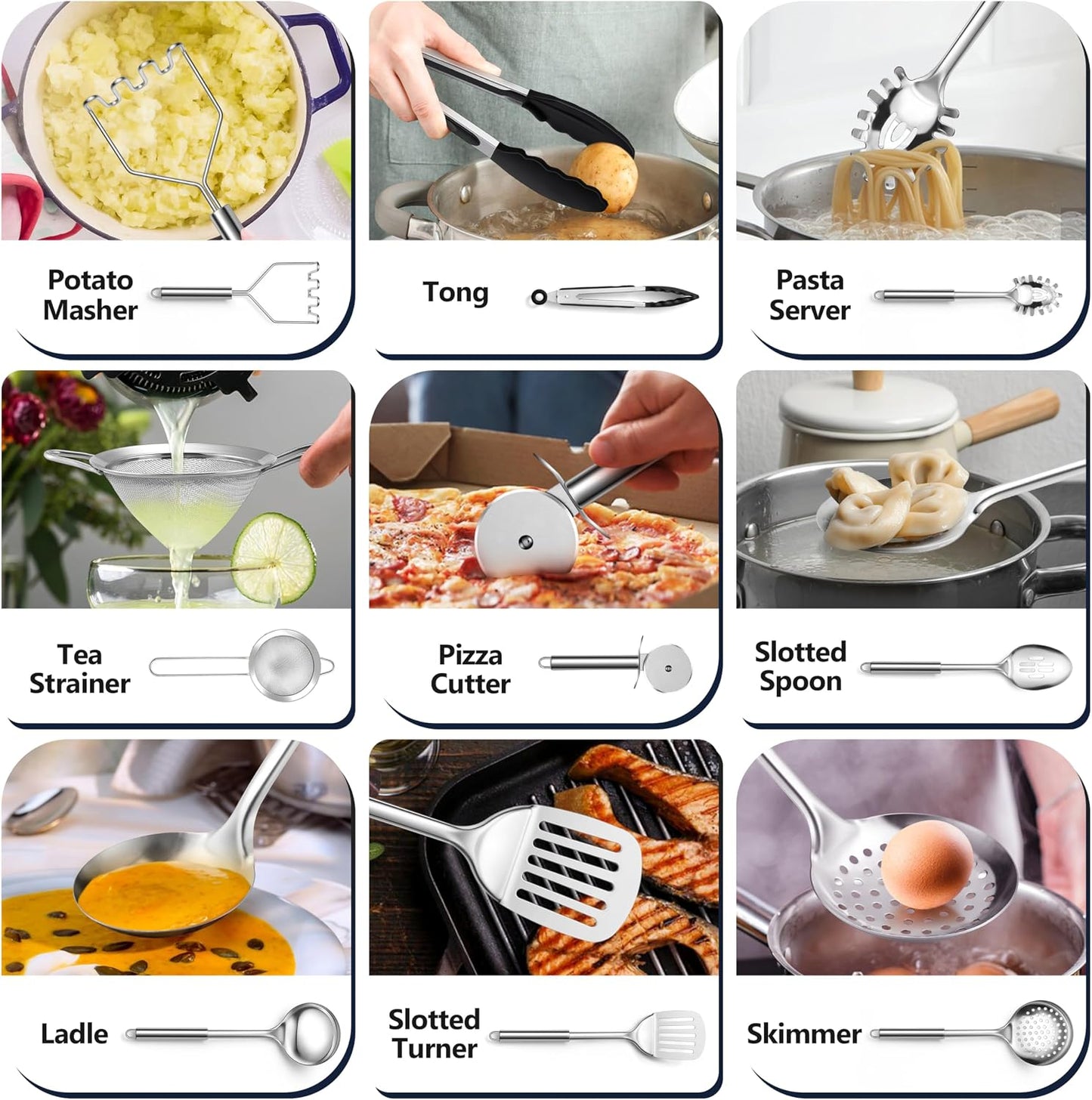 E-far Cooking Utensils Set, 10-Piece Stainless Steel Kitchen Utensils with Holder, Metal Heat Resistant Kitchen Cookware Tool Spatula Set for Cooking, Easy Clean & Dishwasher Safe