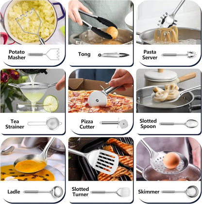 E-far Cooking Utensils Set, 10-Piece Stainless Steel Kitchen Utensils with Holder, Metal Heat Resistant Kitchen Cookware Tool Spatula Set for Cooking, Easy Clean & Dishwasher Safe