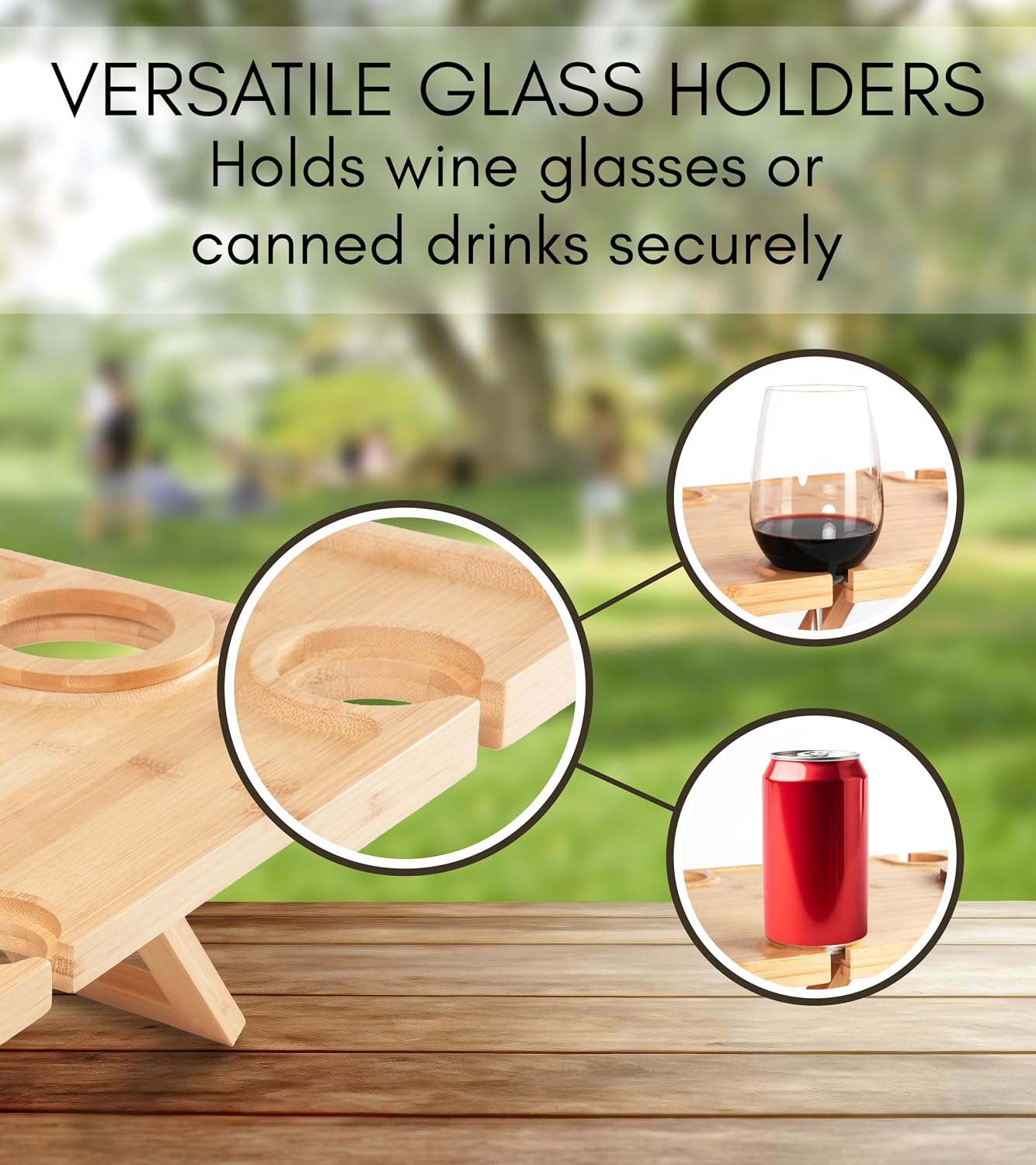 Charcuterie Picnic Table with Wine Glass Holder, Portable Wine & Cheese Board, 4-Piece Cheese Knife Set (Gold) w/Detachable Knife Stand, Bamboo Charcuterie Table, Hosting & Wine Gift
