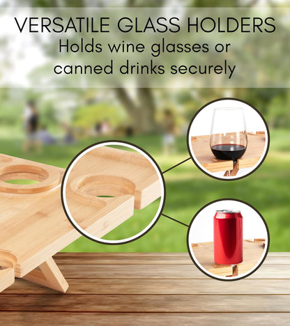 Charcuterie Picnic Table with Wine Glass Holder, Portable Wine & Cheese Board, 4-Piece Cheese Knife Set (Gold) w/Detachable Knife Stand, Bamboo Charcuterie Table, Hosting & Wine Gift