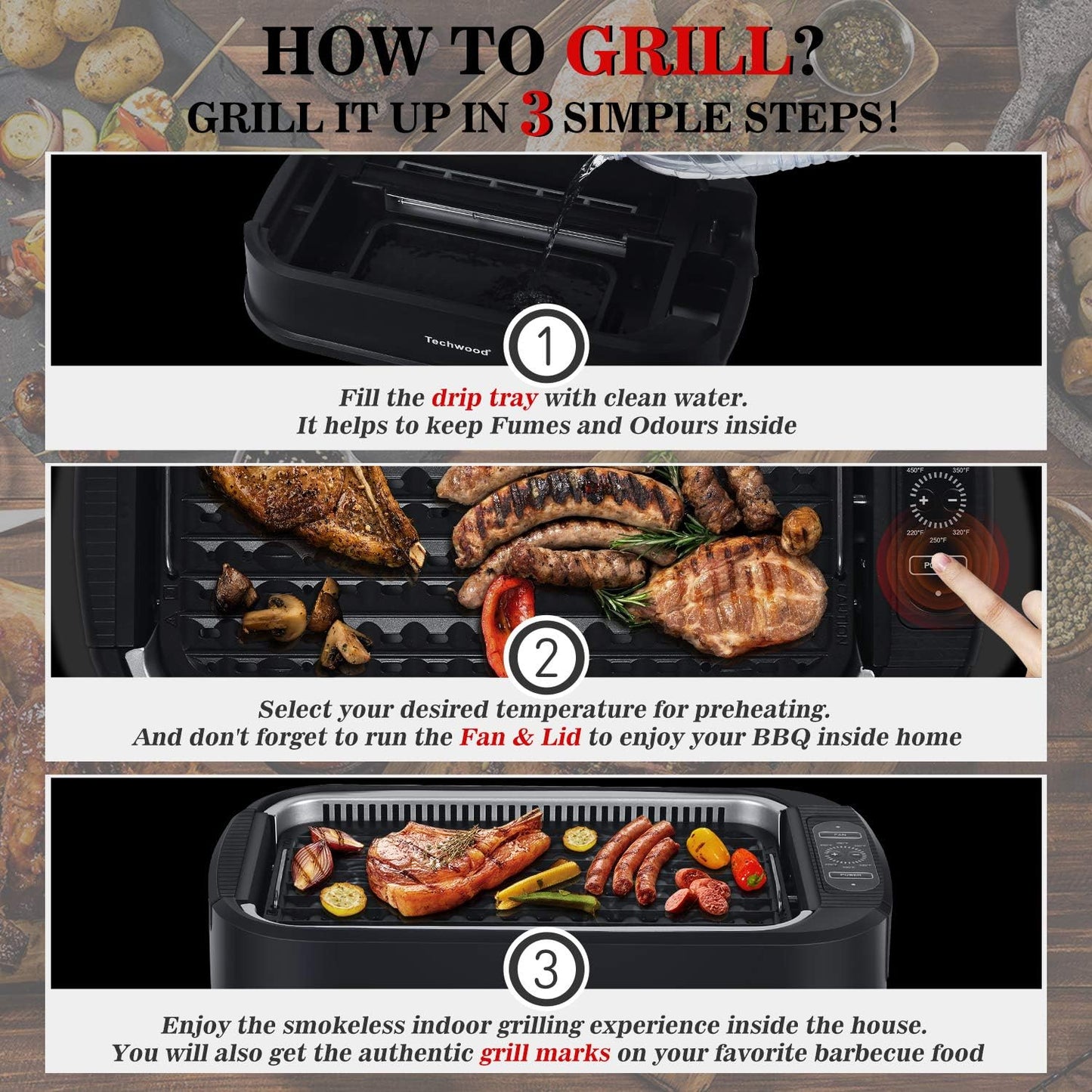 Techwood Indoor Grill Smokeless Grill, Electric Korean BBQ Grill with Glass Lid, Turbo Smoke Extractor Technology, Dishwasher-Safe Drip Tray & Nonstick Grilling Removable Plate, Black, 1500W