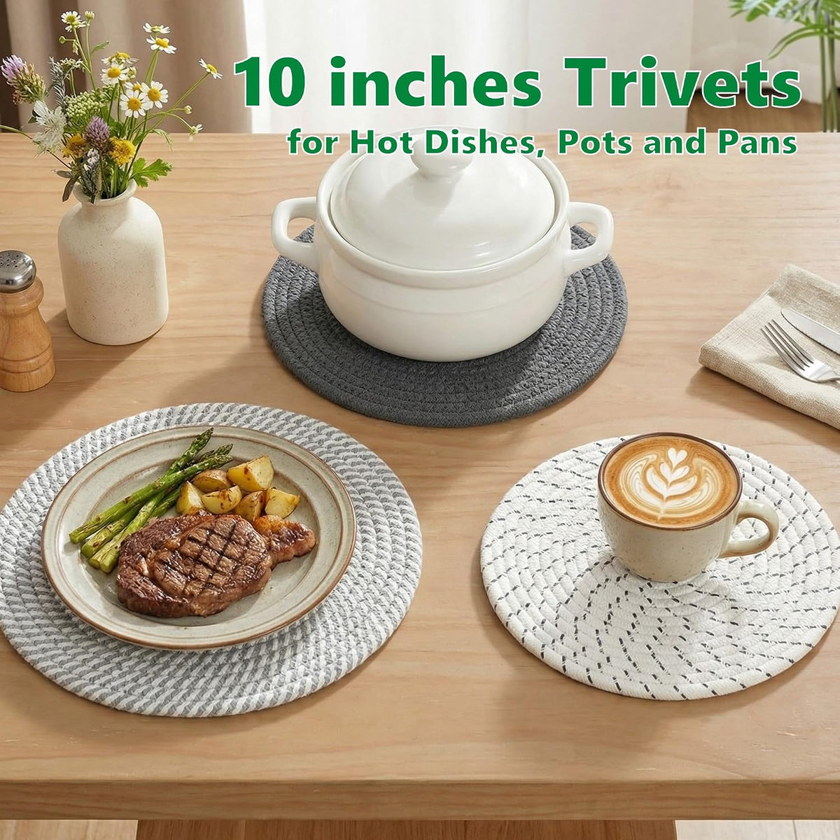 Large Trivets for Hot Dishes, Pots and Pans, Hot Pads 10 Inches 6 Pcs, Pot Holders for Kitchen, Heat Resistant Mats Protect Countertops, Kitchen Essentials Farmhouse Decor (Mix Brown)