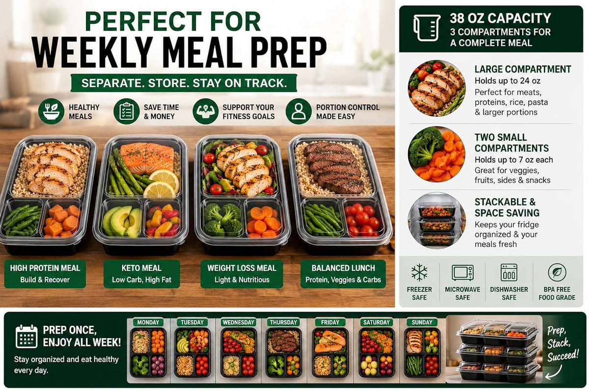 3 Compartment Food Containers with Lids, 25 Pack, 38 Oz Take Out Containers, Reusable Meal Prep Containers, Microwave Safe Lunch Boxes, Food Storage Containers for Catering, Restaurant & To Go Meals