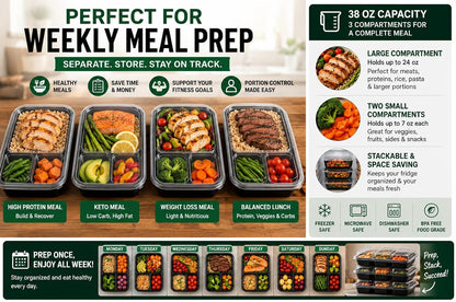3 Compartment Food Containers with Lids, 25 Pack, 38 Oz Take Out Containers, Reusable Meal Prep Containers, Microwave Safe Lunch Boxes, Food Storage Containers for Catering, Restaurant & To Go Meals