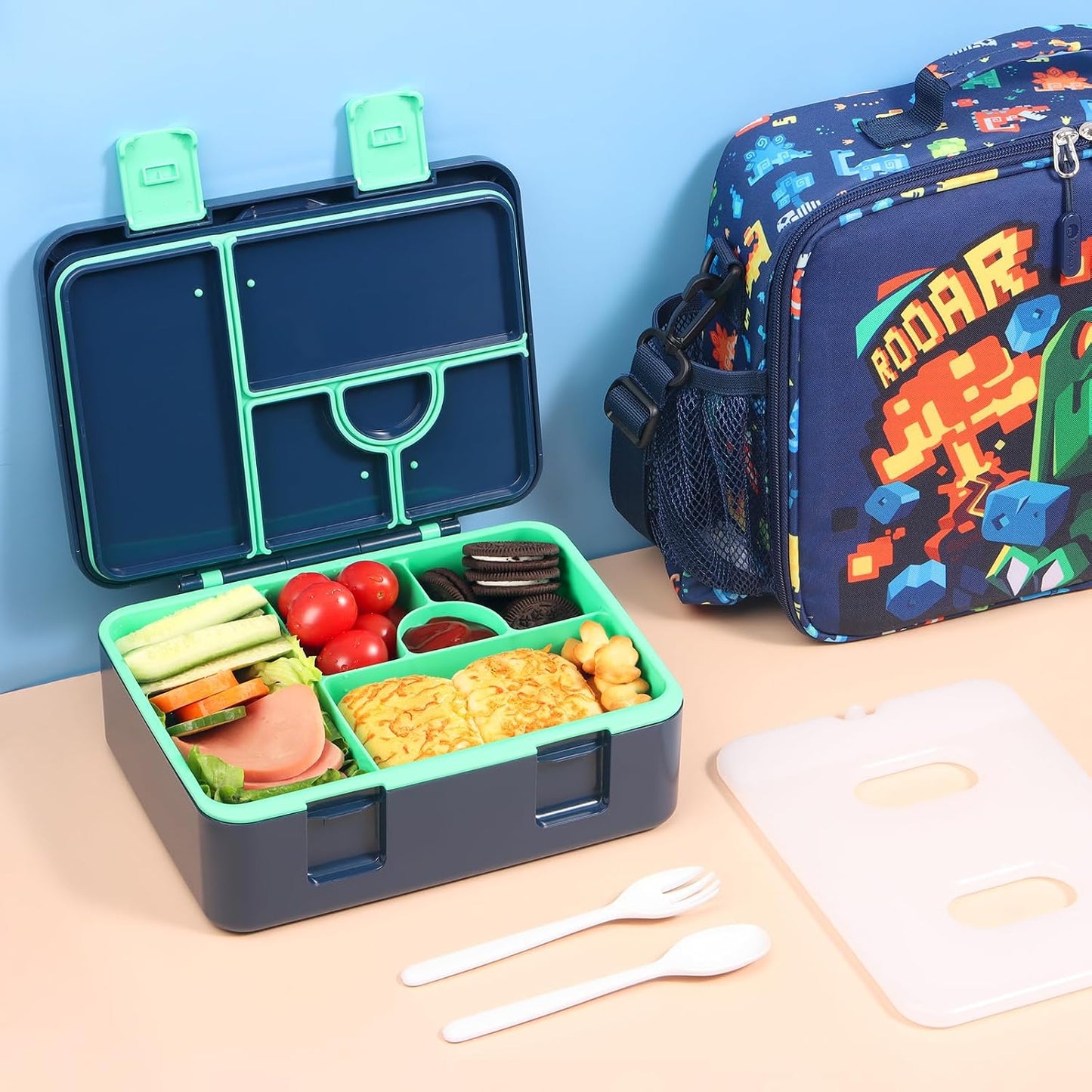 rockpapa Chill Bento Box for Kids- Large 5.5 Cups Lunch Box with Ice Pack - 5 Compartments, BPA-Free, Leak Proof, with Utensils & Portable Handle, Microwave/Dishwasher Safe (Purple Butterfly)