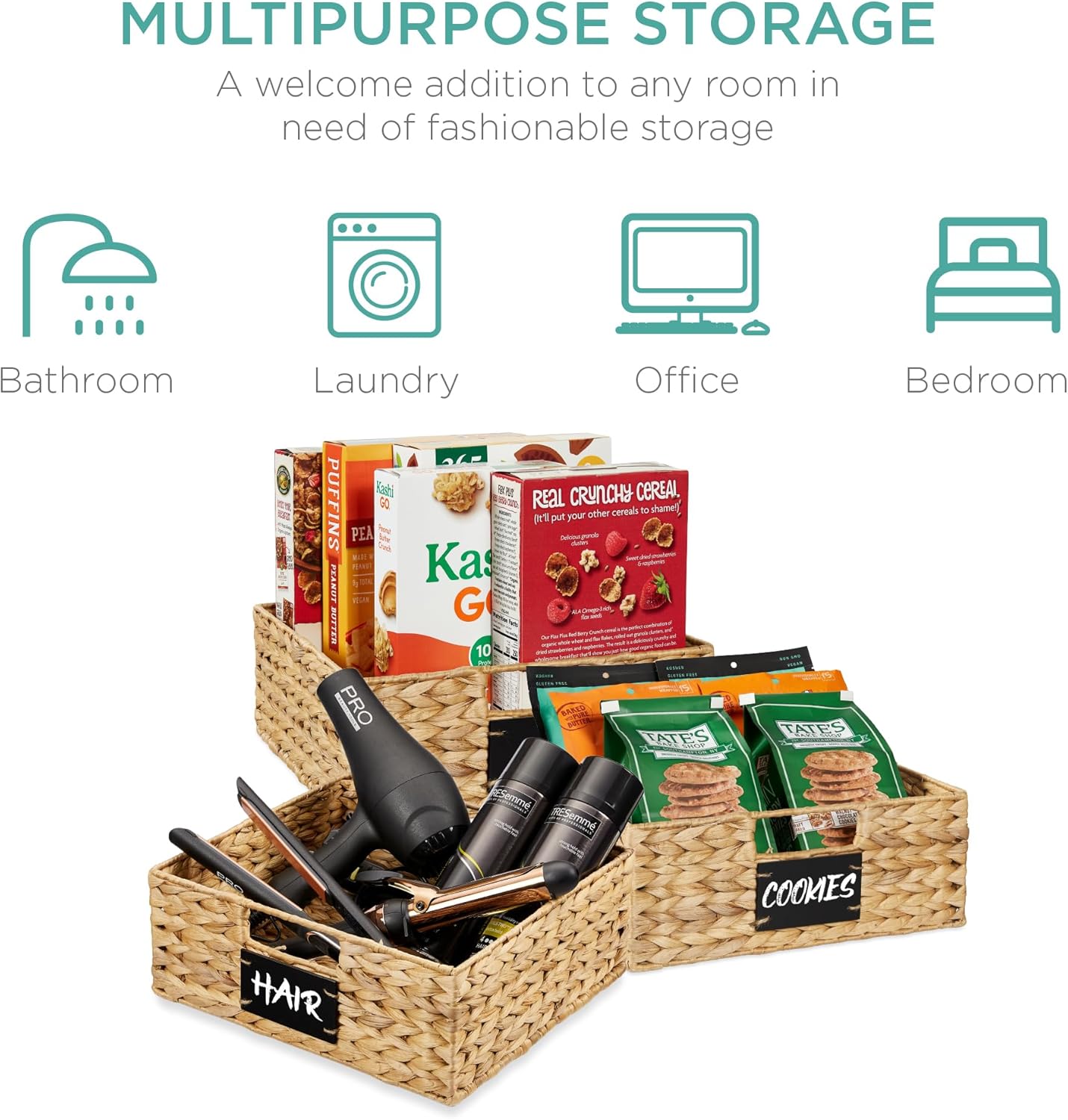 Best Choice Products Set of 4 9x12in Water Hyacinth Pantry Baskets, Woven Organizers w/Chalkboard Label, Chalk Marker - Natural