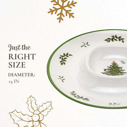 Spode Christmas Tree Melamine Chip and Dip | 14 Inch Serving Platter for Cheese, Appetizers, Chips, Salsa and more, Made of Melamine perfect for Hosting Indoors and Outdoors | Dishwasher safe
