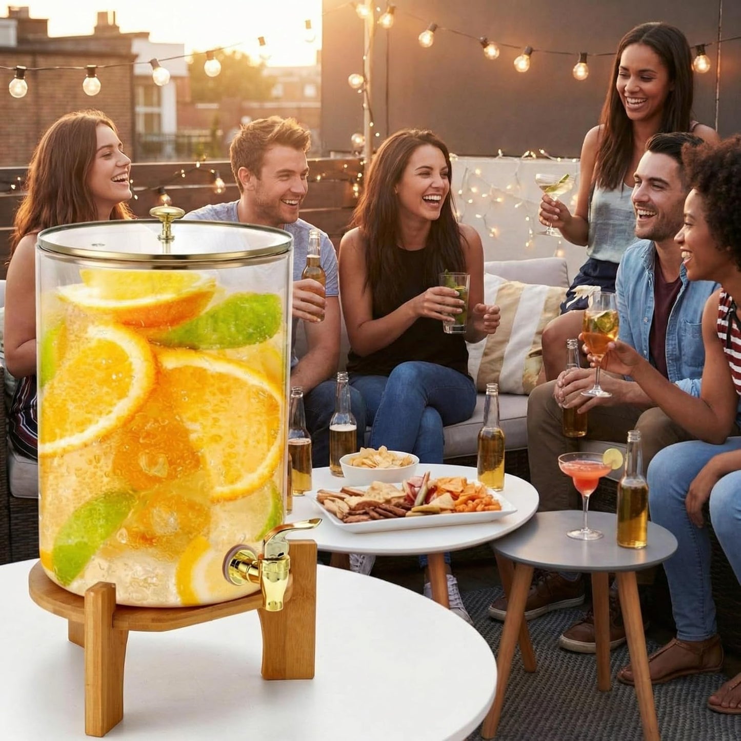 Honeydak 2 Pack 2 Gallon Each Amber Glass Drink Dispensers with Spigot, Gold Accent, Beverage Dispensers with Stand for Lemonade Juice Water Iced Tea Cocktails