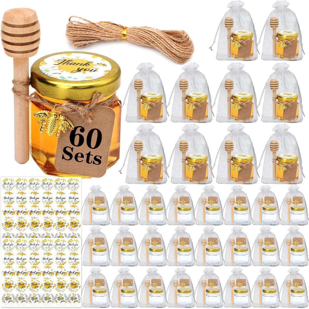 XING-RUIYANG 1.5 oz Hexagon Mini Glass Honey Jars -30Pack Honey Jars with Wood Dipper, Gold Lid, Bee Pendants, Jutes - Perfect for Baby Shower, Wedding Favors, Party Favors