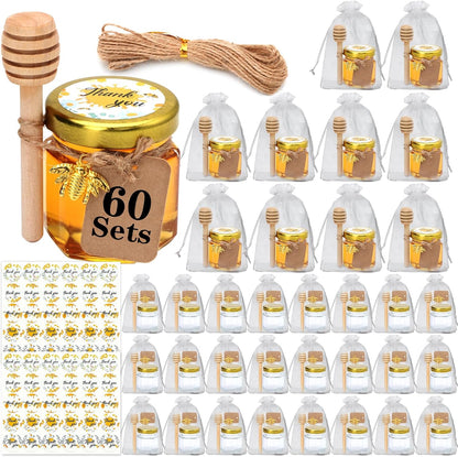 XING-RUIYANG 1.5 oz Hexagon Mini Glass Honey Jars -30Pack Honey Jars with Wood Dipper, Gold Lid, Bee Pendants, Jutes - Perfect for Baby Shower, Wedding Favors, Party Favors