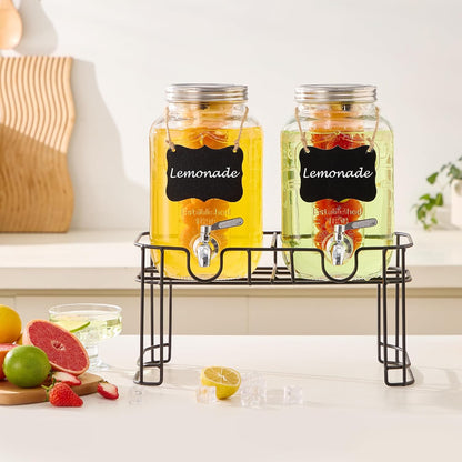 1 Gallon Glass Beverage Dispenser Set of 2 with Stand & Fruit Infuser, Stainless Steel Spigot, Beverage Dispenser for Parties, Weddings, BBQs, Lemonade, Sun Tea, Juice & Cold Drinks