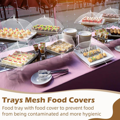Baderke 8 Pack Plastic Serving Trays with Food Covers 15" x 11" Reusable Serving Platters 16" x 12" Foldable Mesh Food Tents Christmas Party Supplies Set for Outdoor Picnics Bar Fruit Cookies Dessert