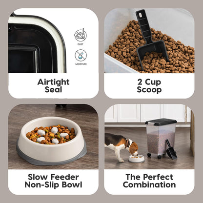 IRIS USA Dog Food Storage Container, 2 Pack, Up to 30 lbs Each, Airtight Seal for Freshness, Wheels for Rolling, Easy One Hand Opening, Made in USA, BPA Free, Clear/Black