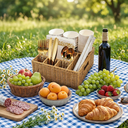 Wicker Utensil Caddy Basket with 6 Compartment, Hand-Woven | Cutlery Silverware Holder with Handle, Picnic Basket, Paper Plate Organizer for Party Camping Buffet