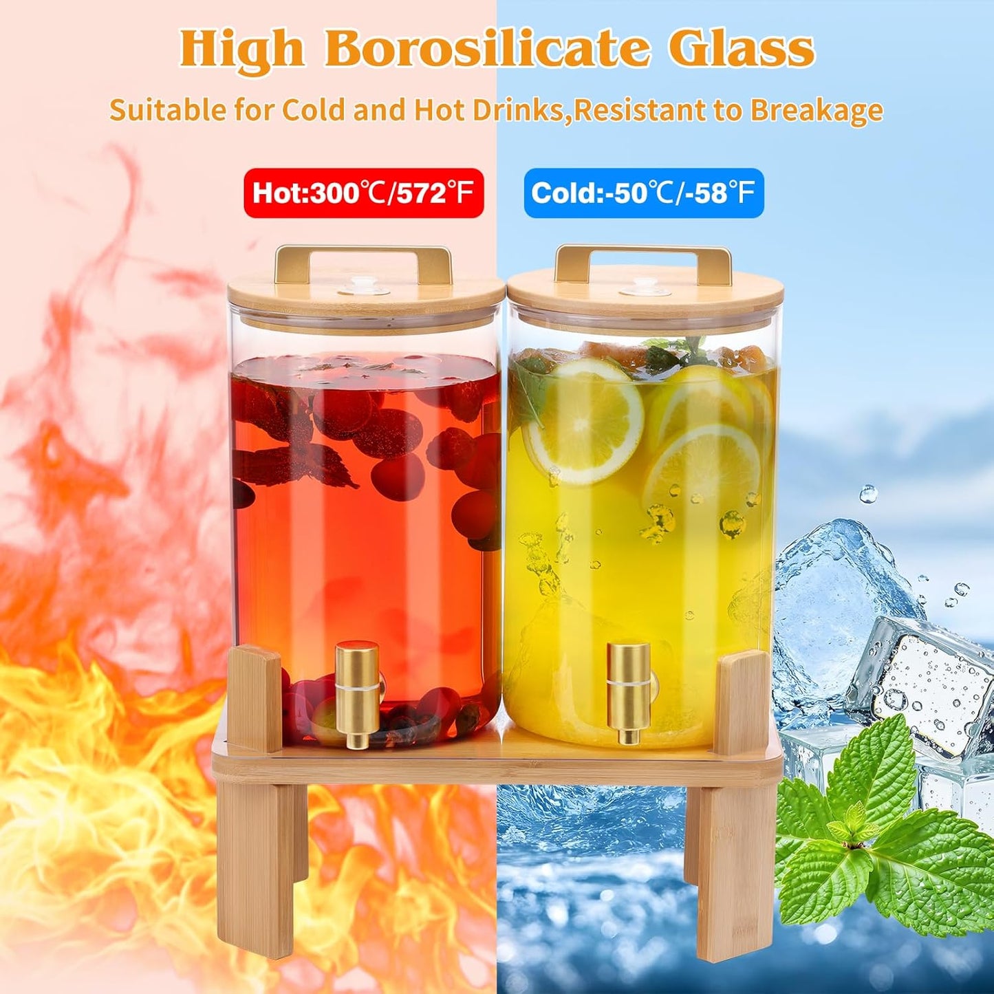 1.5 Gallon 2 PACK Glass Drink dispenser, Beverage Dispenser With Wood Stand, Lemonade Dispenser with Airtight Valve and Stainless Steel Spigot,Drink Dispenser for Parties