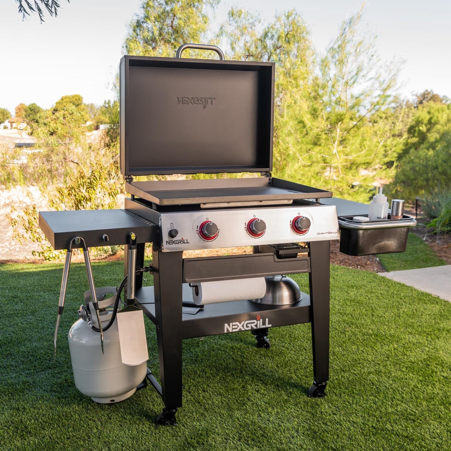 Nexgrill Daytona 4-Burner Propane Gas Griddle with Side Tables, 60000 BTU Flat Top Grill, 756 SQ In. Hot-Rolled Steel Cooking Space, Outdoor Cooking Barbeque, Black/Silver - 720-1058A