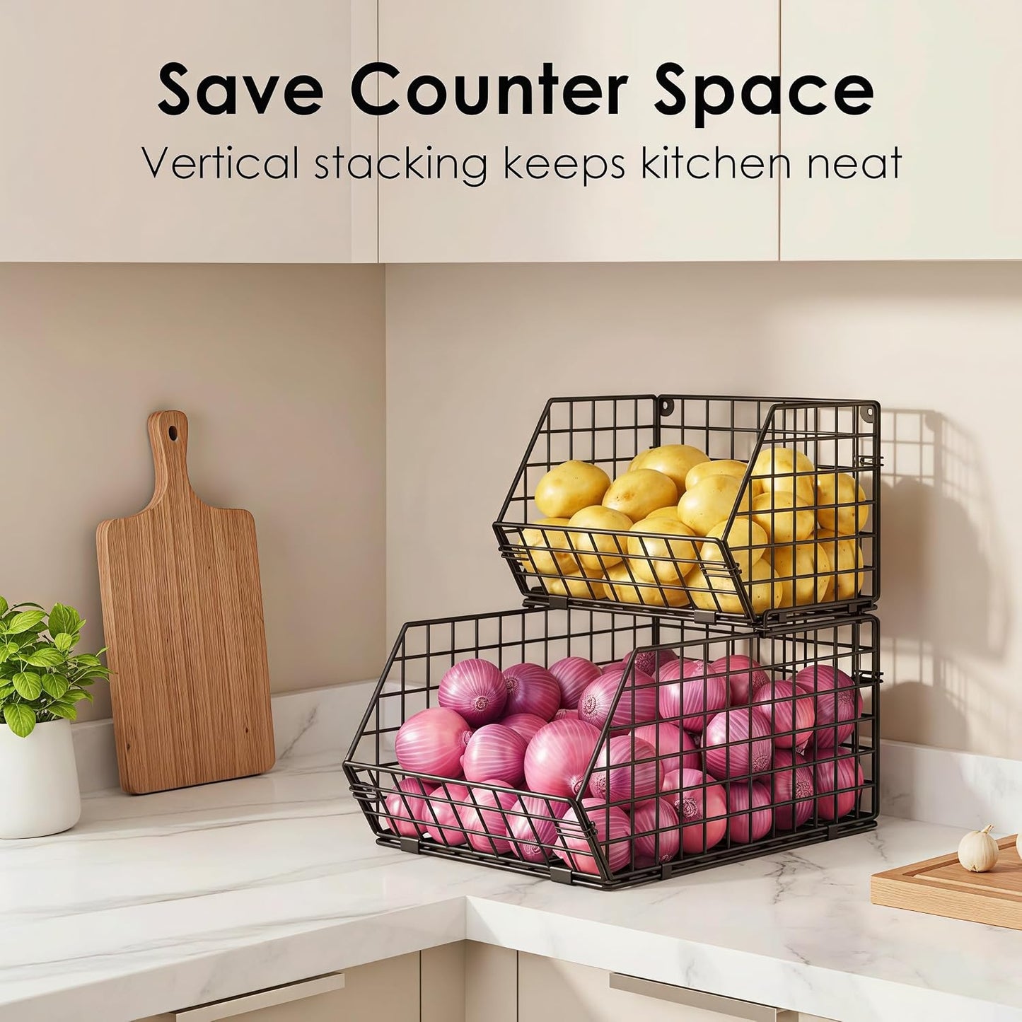 3-Tier Stackable Wire Baskets for Counter, Fruit and Vegetable Storage, Potato and Onion Storage Bin，Kitchen Pantry Organizer - Wall Basket for Produce/Snack/Can, Black