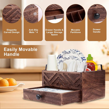 Paper Plate Dispenser with Drawer, country style Wood Kitchen Counter, Picnic, Party, Camping - Caddy Organizer for Cups, Spoons, Forks, Plates, office supplies, Napkins & Silverware