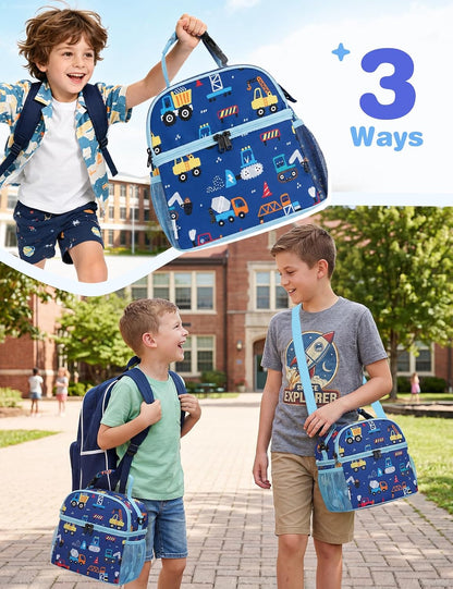 VASCHY Lunch Box Bag for Kids, Insulated Double Compartments Cooler Lunch Tote for Toddlers Boys Girls School/Daycare/Picnic Black Dinos