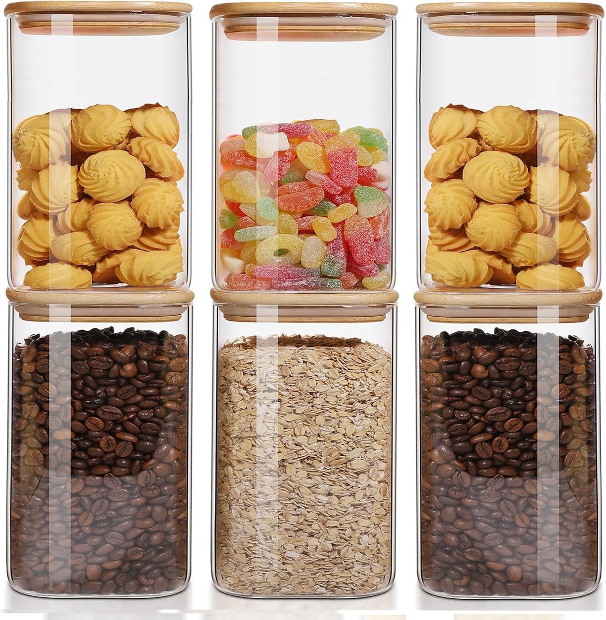 Glass Food Storage Jars 37 oz Set of 6,Glass Storage Containers Clear Glass Food Canister with Bamboo Lid Airtight For Serving Tea, Coffee, Flour, Sugar, Candy, Cookie, Spice and More (Square)