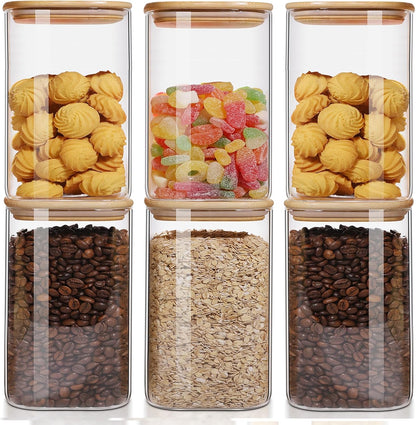Glass Food Storage Jars 37 oz Set of 6,Glass Storage Containers Clear Glass Food Canister with Bamboo Lid Airtight For Serving Tea, Coffee, Flour, Sugar, Candy, Cookie, Spice and More (Square)