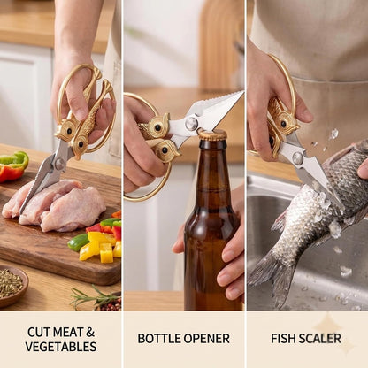 XSNBRD All Purpose Kitchen Scissors, Pearl Gold Stainless Owl Shears.
