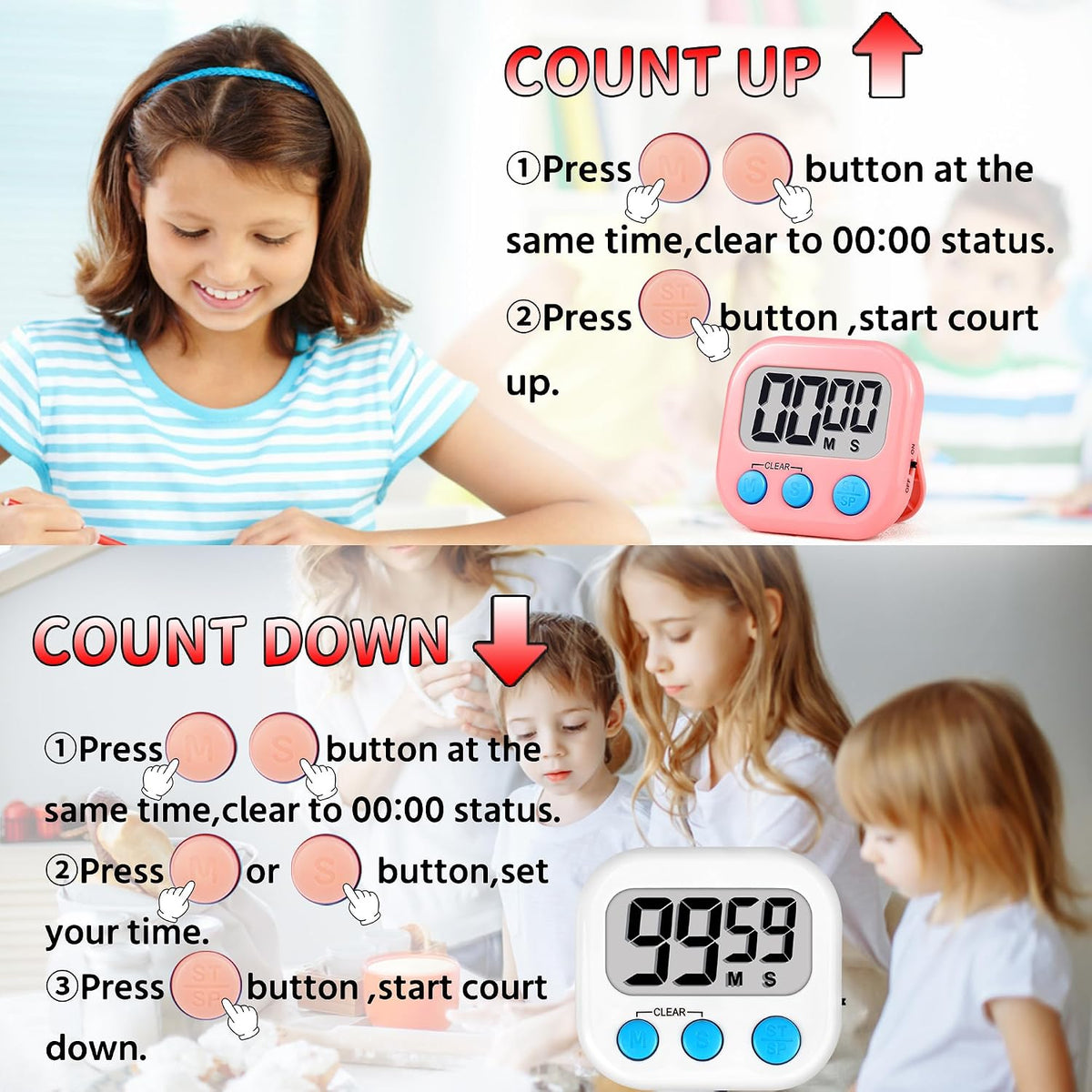 Timer for Kids Digital Kitchen Timers for Cooking- White Pink