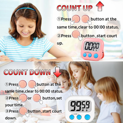 Timer for Kids Digital Kitchen Timers for Cooking- White Pink