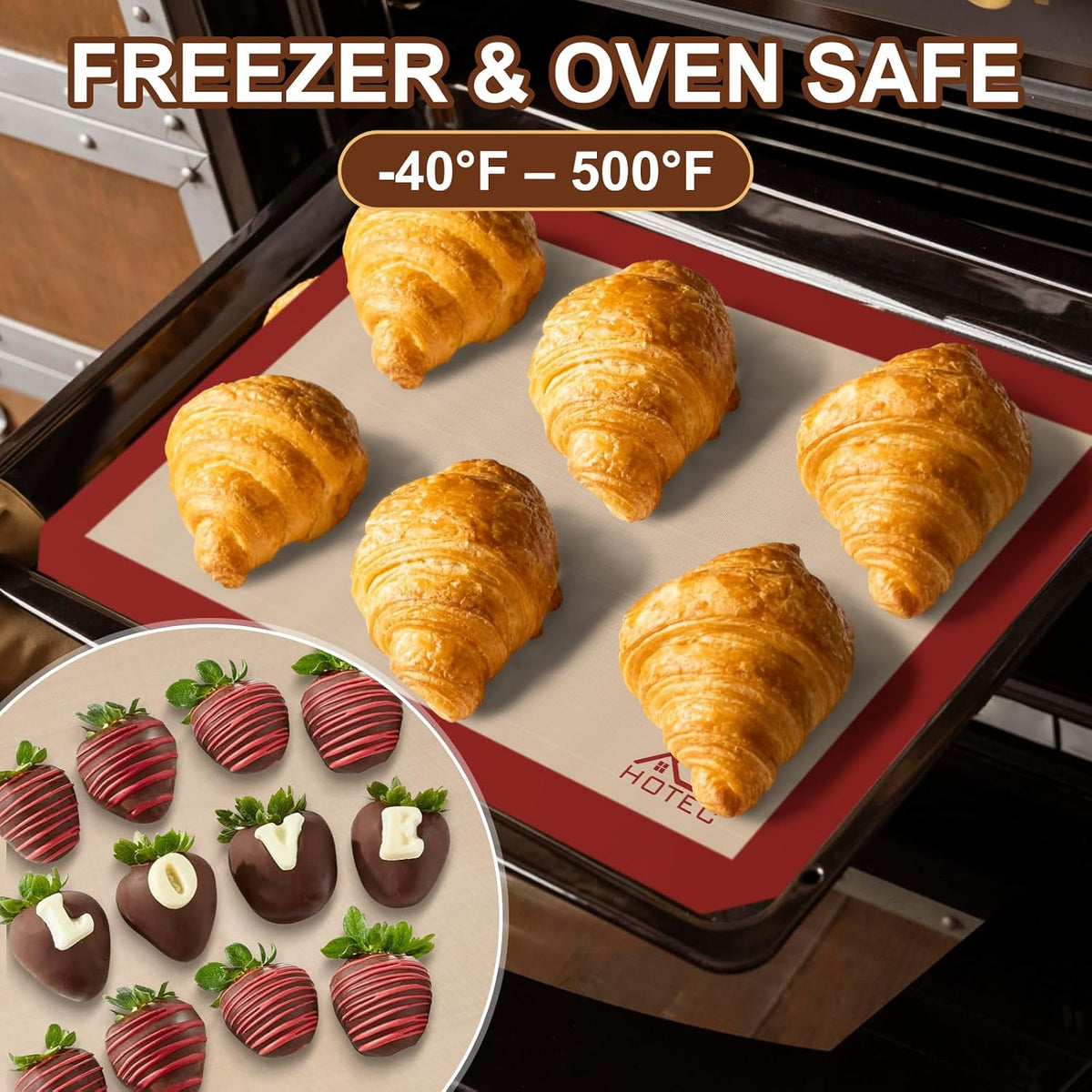 HOTEC Silicone Baking Mats 3 Pack – Non-Stick Reusable Silicone Baking Sheets for Oven – Cookie & Macaron Mats – 2 Half Sheet + 1 Quarter Sheet – BPA-Free, Dishwasher Safe