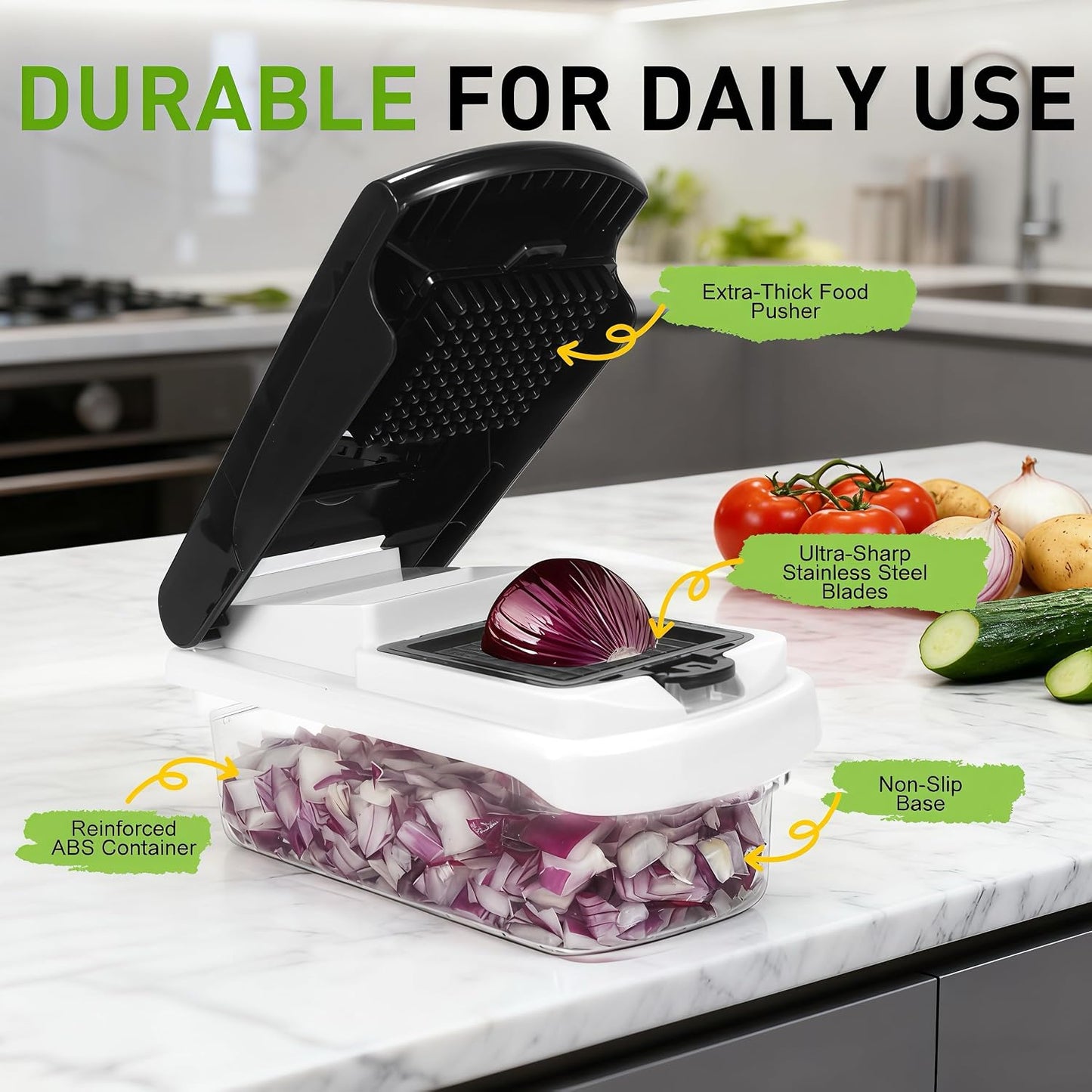 Mandoline Slicer for Kitchen, Vegetable Chopper & Dicer, Professional Food Slicer with Stainless Steel Blades, Safe Veggie Chopper for Onion Potato Carrot Fruit, Easy to Clean
