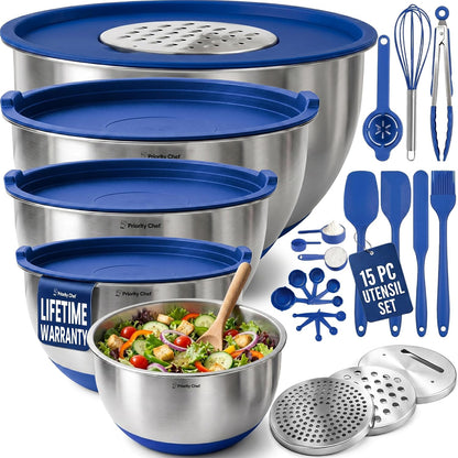 Priority Chef Stainless Steel Mixing Bowls with Lids Set, Metal Nesting Bowls with Airtight Lids, Graters, Non-Slip Base & Measurement Marks, Includes Utensil Set for Prep, Baking & Storage, Black