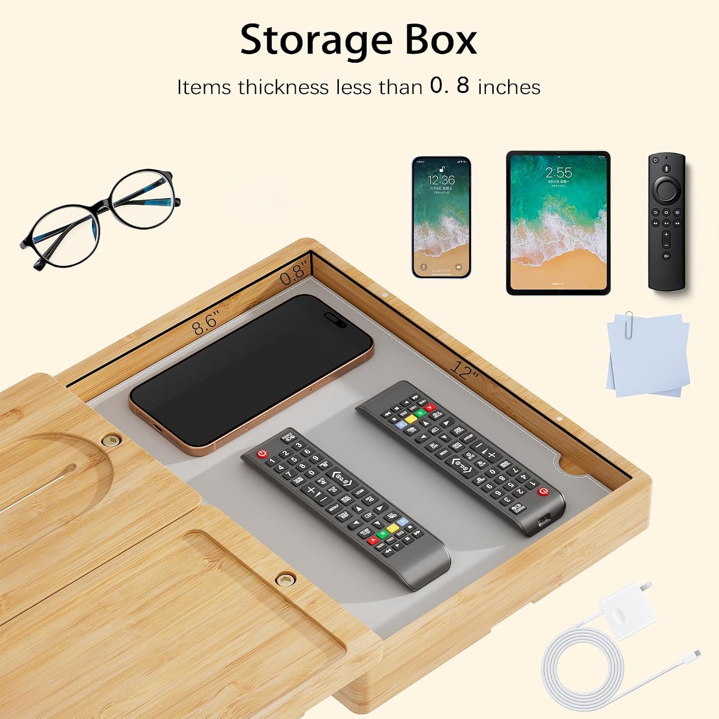 Bamboo Couch Arm Tray, 2 Rotating Trays with 360° Phone Holder & Storage Box, Natural Adjustable Clip On Sofa Table for Snacks, Drinks, Fits Wide Armrests (Up to 10")