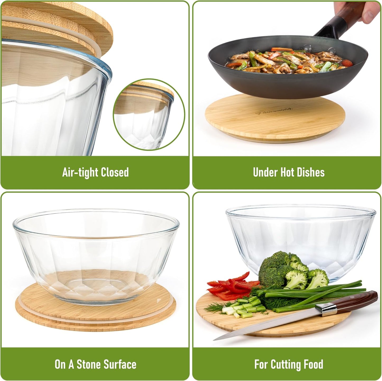 Set of 4 Stackable Space-Saving Nesting Glass Bowls with Airtight Acacia Lids for Lunch, Meal & Food Prep - Microwave & Oven-ready BPA Free Durable Heat Resistant Inert Borosilicate Glass