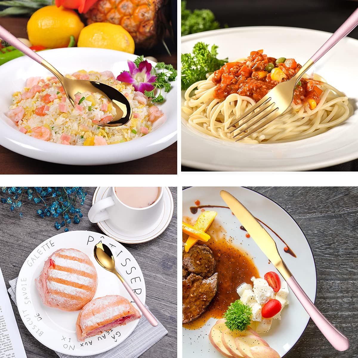 AARAINBOW 7 Pieces Stainless Steel Flatware Set Portable Reusable Cutlery Set Travel Utensils Set Including Chopsticks Knife Fork Spoon Straws Cleaning Brush Dishwasher Safe (B-Pink Golden)