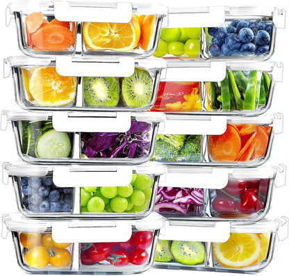 VERONES 10 Pack Glass Meal Prep Containers 2 Compartment Set, 30 OZ Airtight Glass Lunch Containers, Food Storage Containers with Lids, for Microwave, Oven, Freezer & Dishwasher Friendly，Red