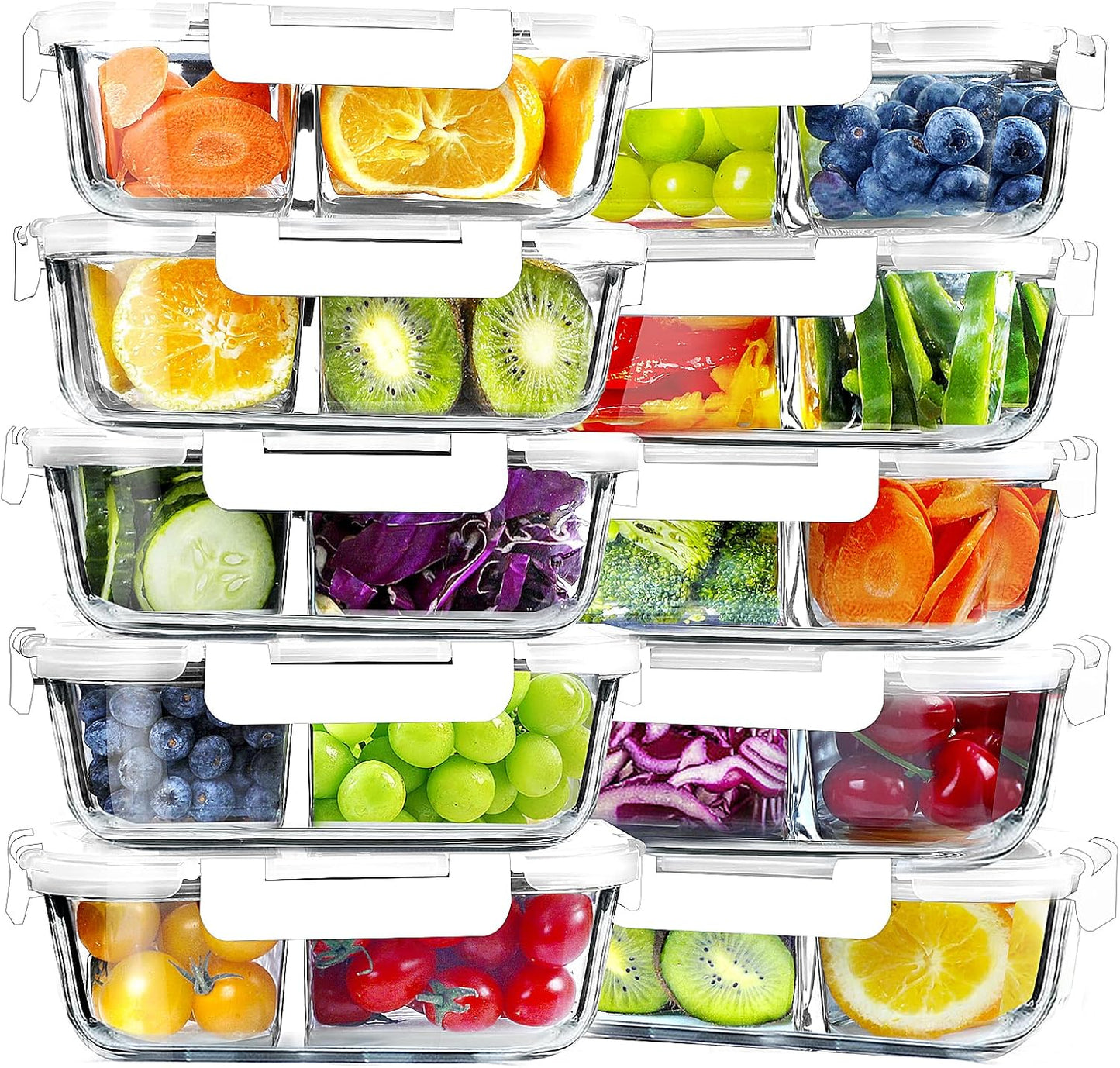 VERONES 10 Pack Glass Meal Prep Containers 2 Compartment Set, 30 OZ Airtight Glass Lunch Containers, Glass Food Storage Containers with Lids, for Microwave, Oven, Freezer & Dishwasher Friendly，Grey