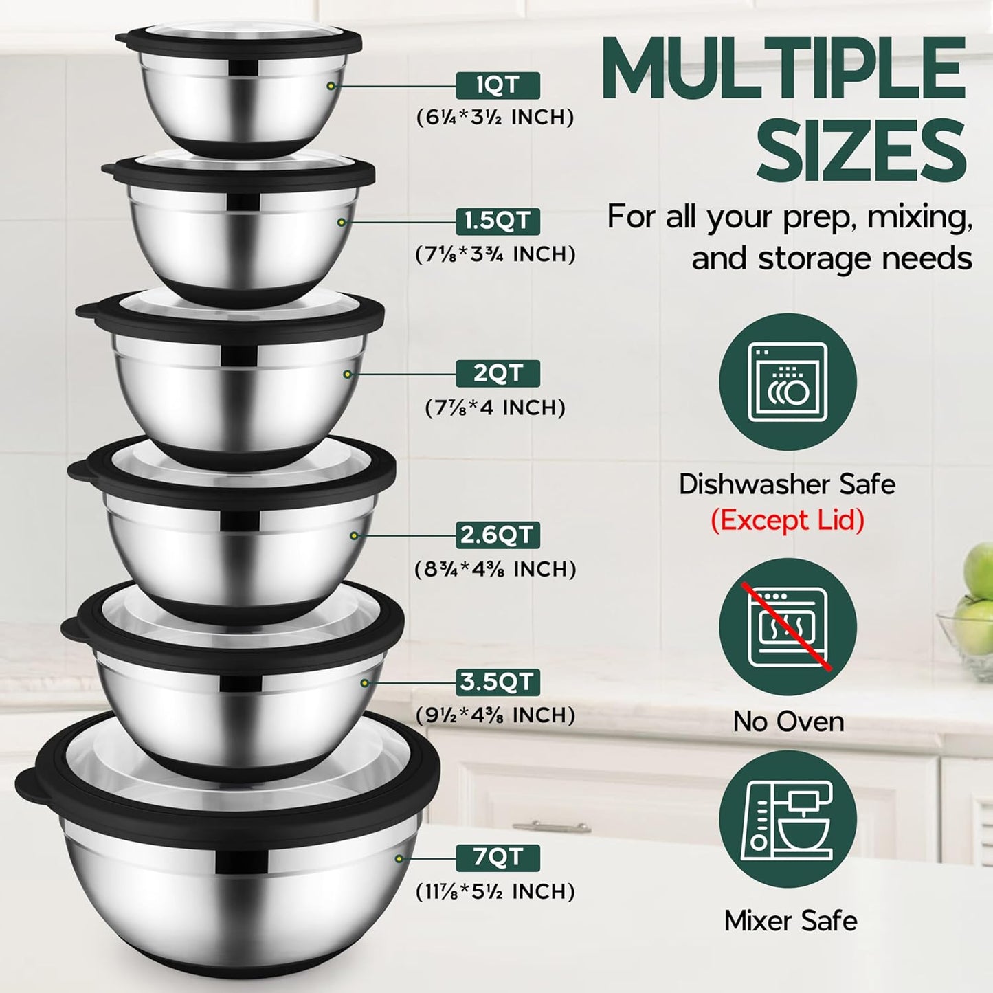 Onader Colorful Mixing Bowl Set of 6 for Kitchen, Large Stainless Steel Metal Nesting Mixing Bowls with Airtight Lids, Non Slip - Size 0.7, 1, 1.5, 2, 2.6, 4.6QT