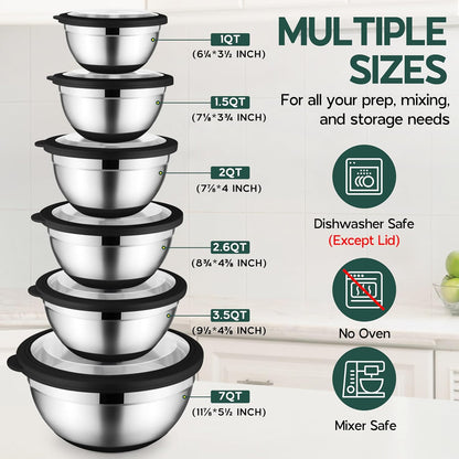 Onader Colorful Mixing Bowl Set of 6 for Kitchen, Large Stainless Steel Metal Nesting Mixing Bowls with Airtight Lids, Non Slip - Size 0.7, 1, 1.5, 2, 2.6, 4.6QT